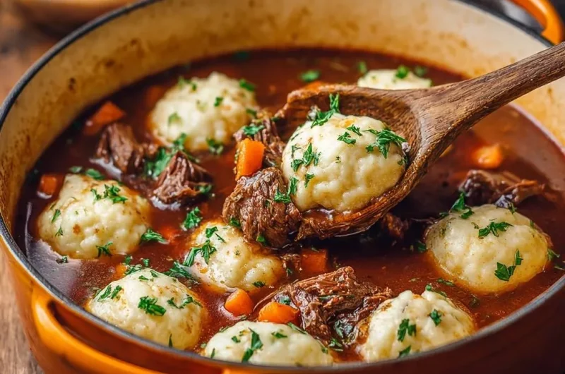 Hearty Beef and Carrot Stew with Fluffy Dumplings
