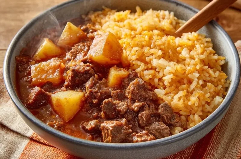 Hearty Beef and Potato Stew over Yellow Rice