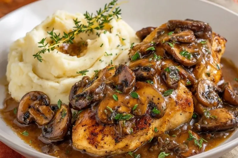 Juicy Pan-Seared Chicken with Mushroom Gravy and Creamy Mashed Potatoes