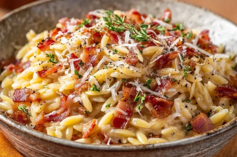 Creamy Garlic Orzo with Crispy Bacon