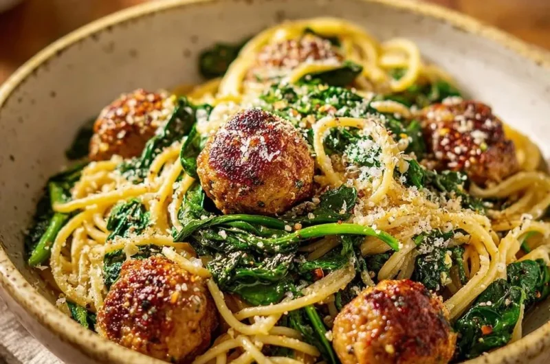 Garlic Butter Meatball Pasta with Spinach