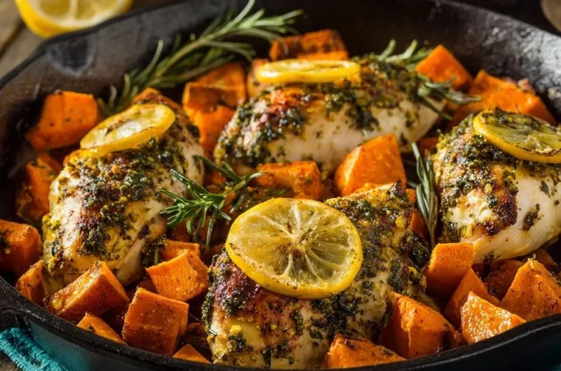 One-Pan Lemon Rosemary Chicken Thighs with Sweet Potatoes