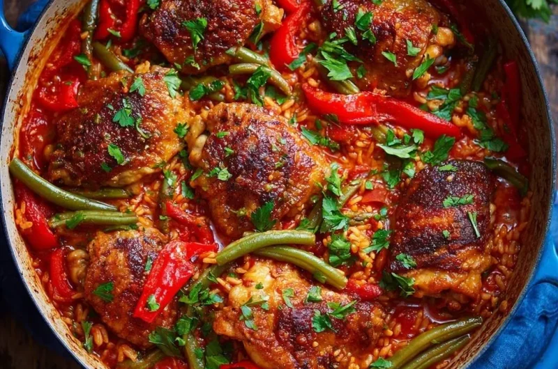 One-Pot Crispy Chicken Rice with Peppers & Beans