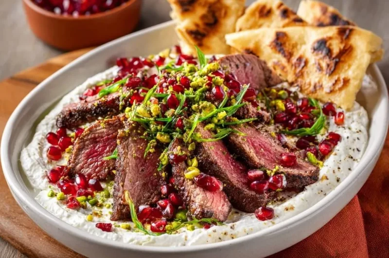 Seared Steak with Labneh, Pomegranate and Pistachios