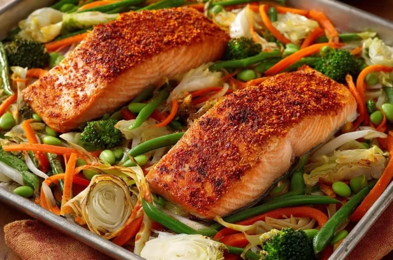 Sheet Pan Blackened Salmon with Rainbow Veggies
