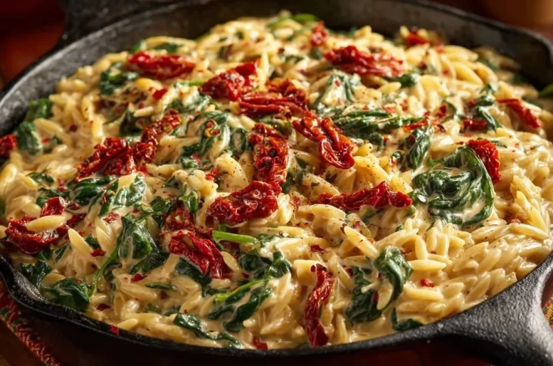 Skillet Creamy Spinach Sun-Dried Tomato Orzo