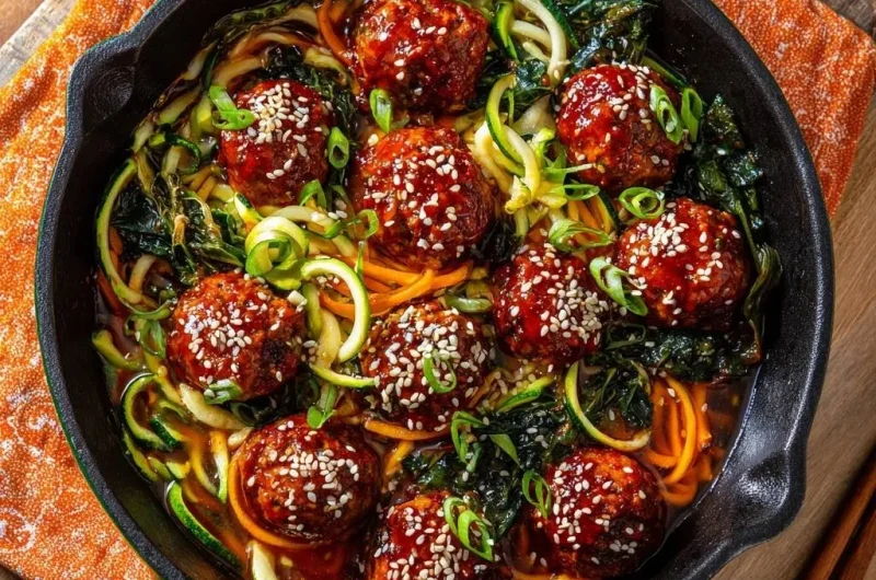 Sticky Sesame Ginger Meatballs with Zoodles and Wilted Greens