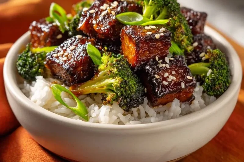 Sticky Tofu Broccoli Rice Bowl