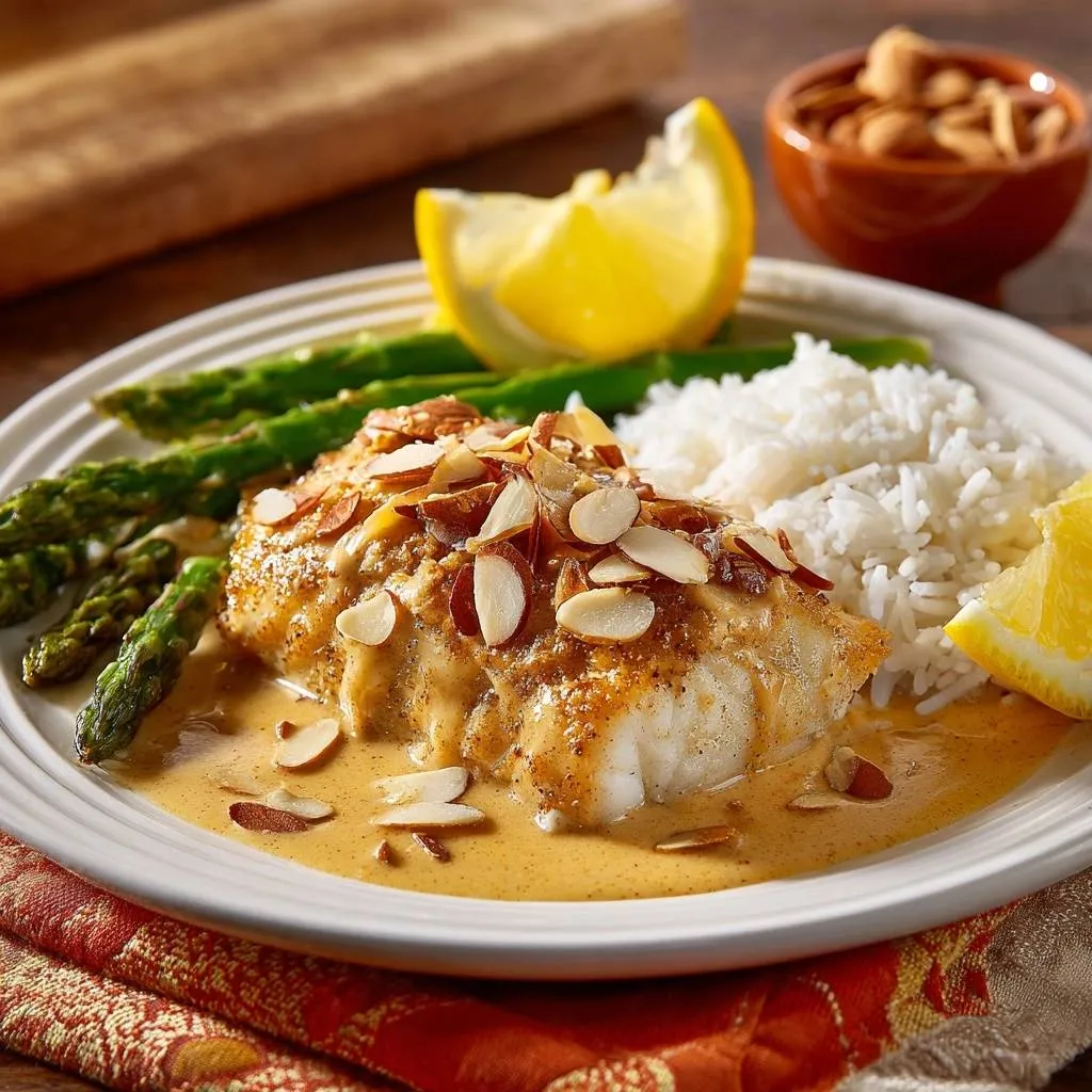 Almond crusted white fish with lemon cream, served plated with asparagus, rice, and a lemon wedge, showing a close-up of the sauce and topping.