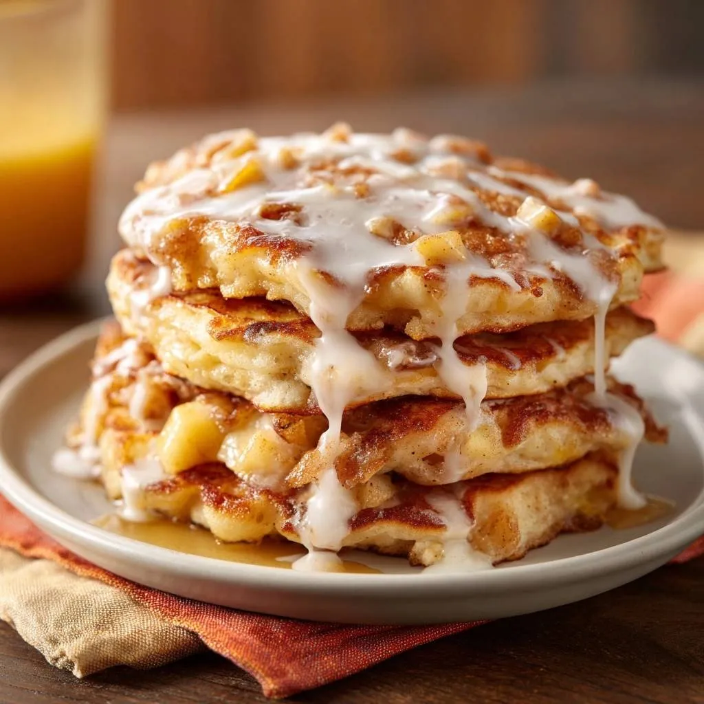 Apple cinnamon roll pancakes with a generous drizzle of white glaze and visible apple chunks.
