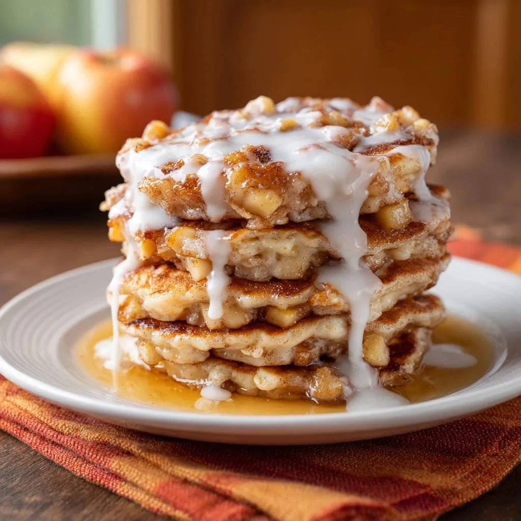 Apple cinnamon roll pancakes, a stack of fluffy pancakes drizzled with white glaze and syrup.