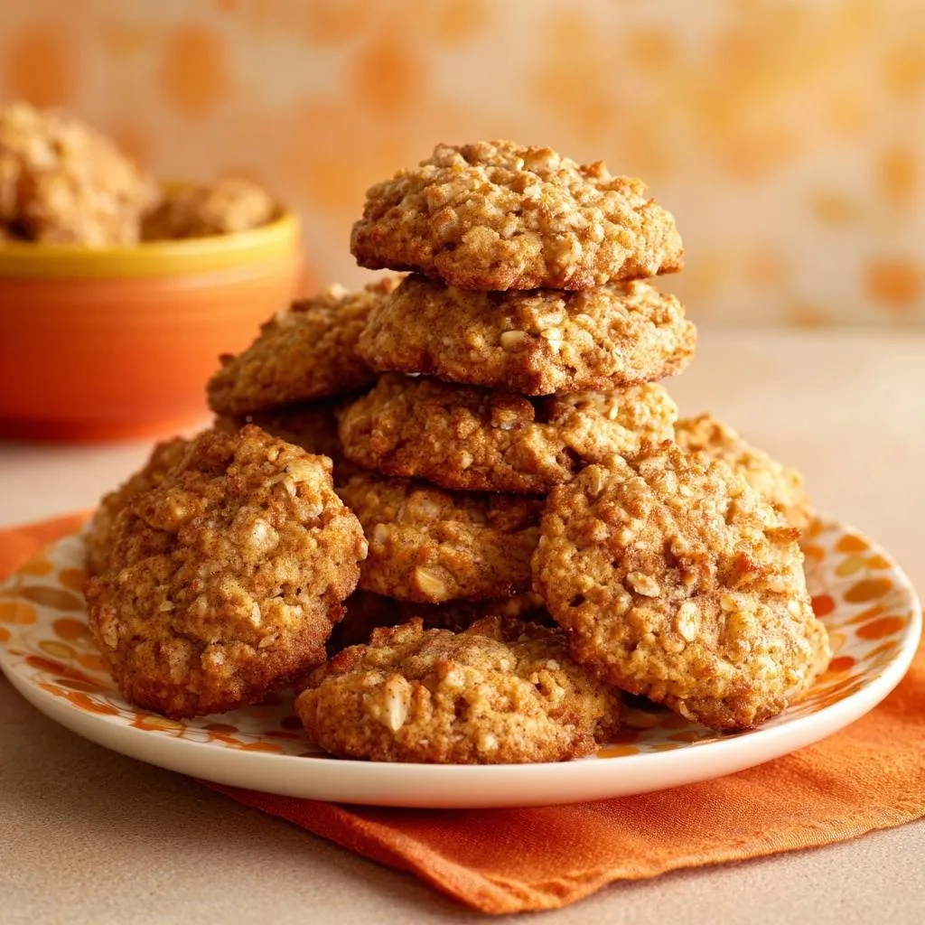 Apple oatmeal cookies with crisp apples and chewy bites stacked high on a decorative plate.