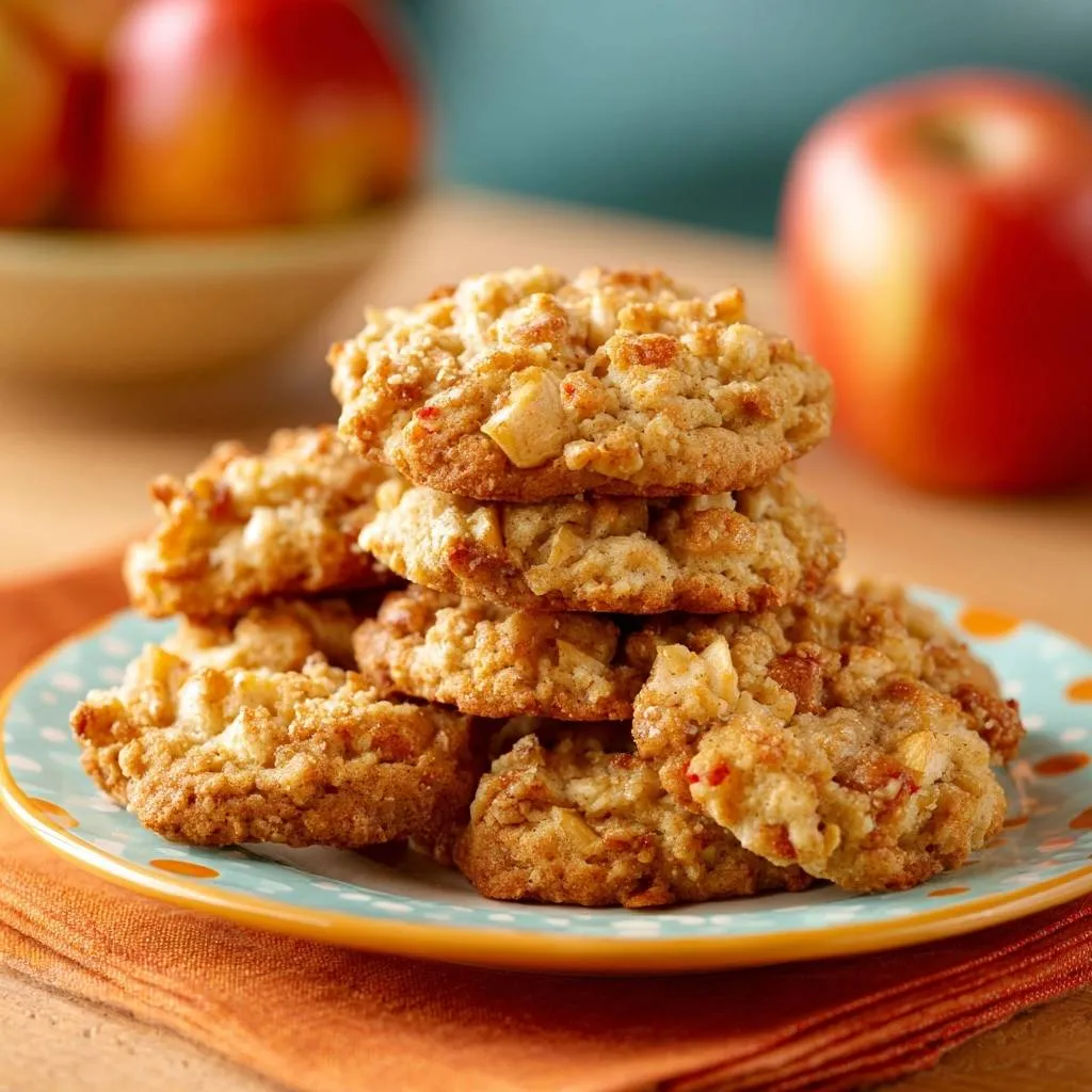 Apple oatmeal cookies, crisp apples and chewy bites, stacked high on a decorative blue and orange polka dot plate.