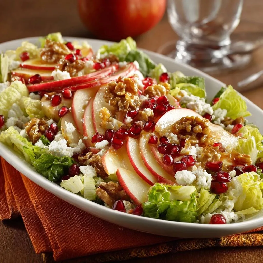 Apple pomegranate feta walnut salad with a close-up view of the fresh ingredients and dressing.