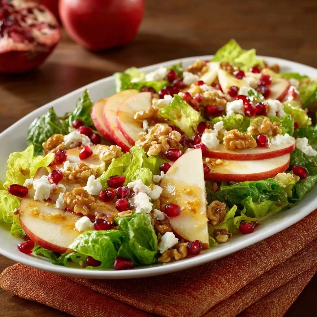 Apple pomegranate feta walnut salad plated close-up showing sliced apples, feta cheese, walnuts, and pomegranate seeds.