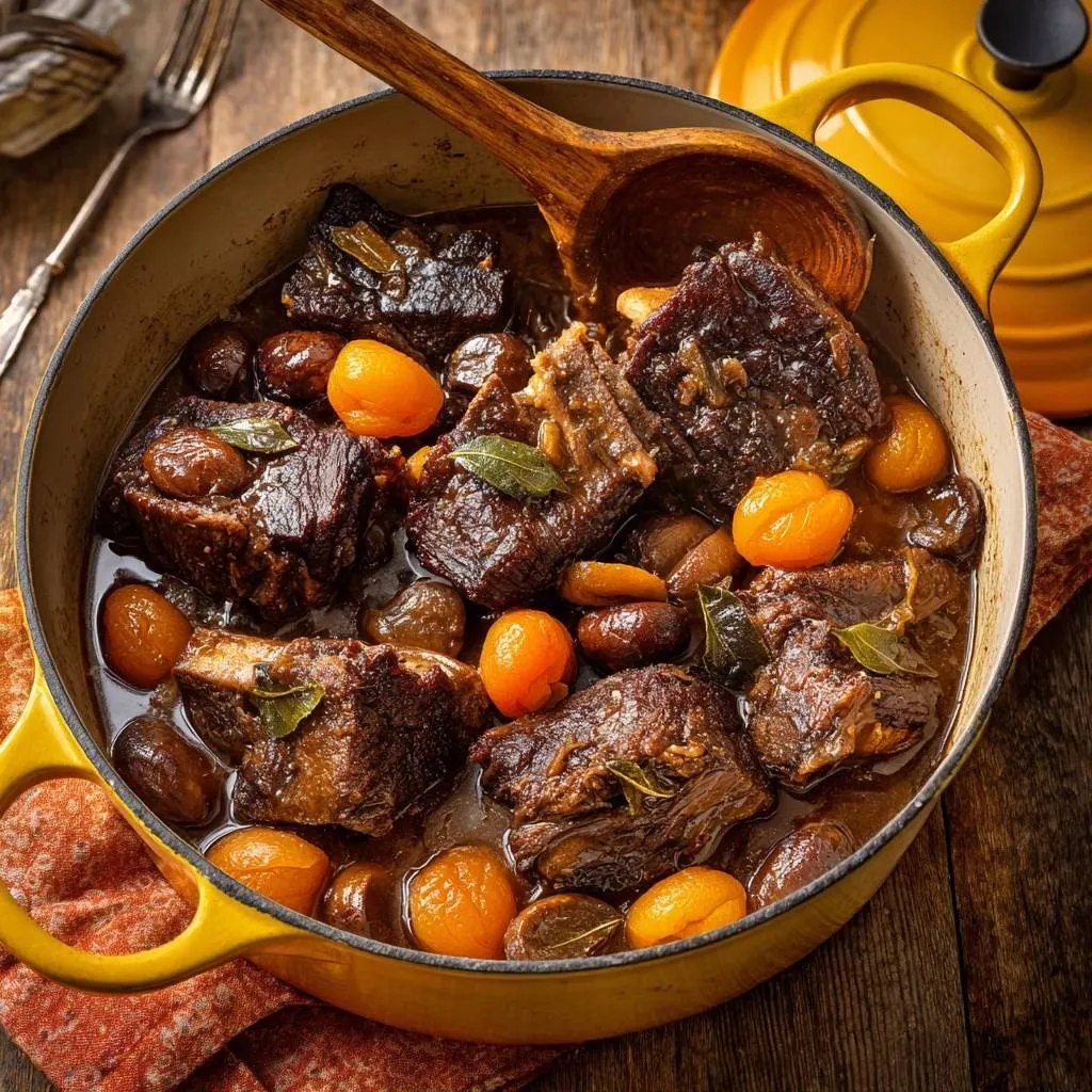 Apricot mushroom braised short ribs shown in a yellow Dutch oven with a wooden spoon and cooked apricots.