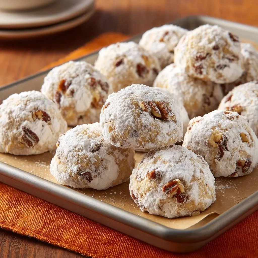 Asian chicken salad cookies dusted with powdered sugar and pecans on a baking tray.
