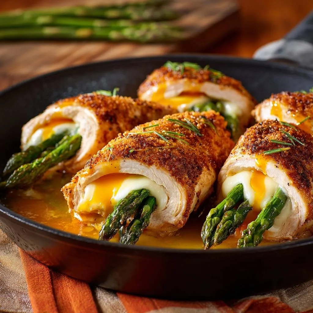 Crispy asparagus and cheese stuffed chicken shown in a cross-section, revealing the melted cheese and tender asparagus inside.