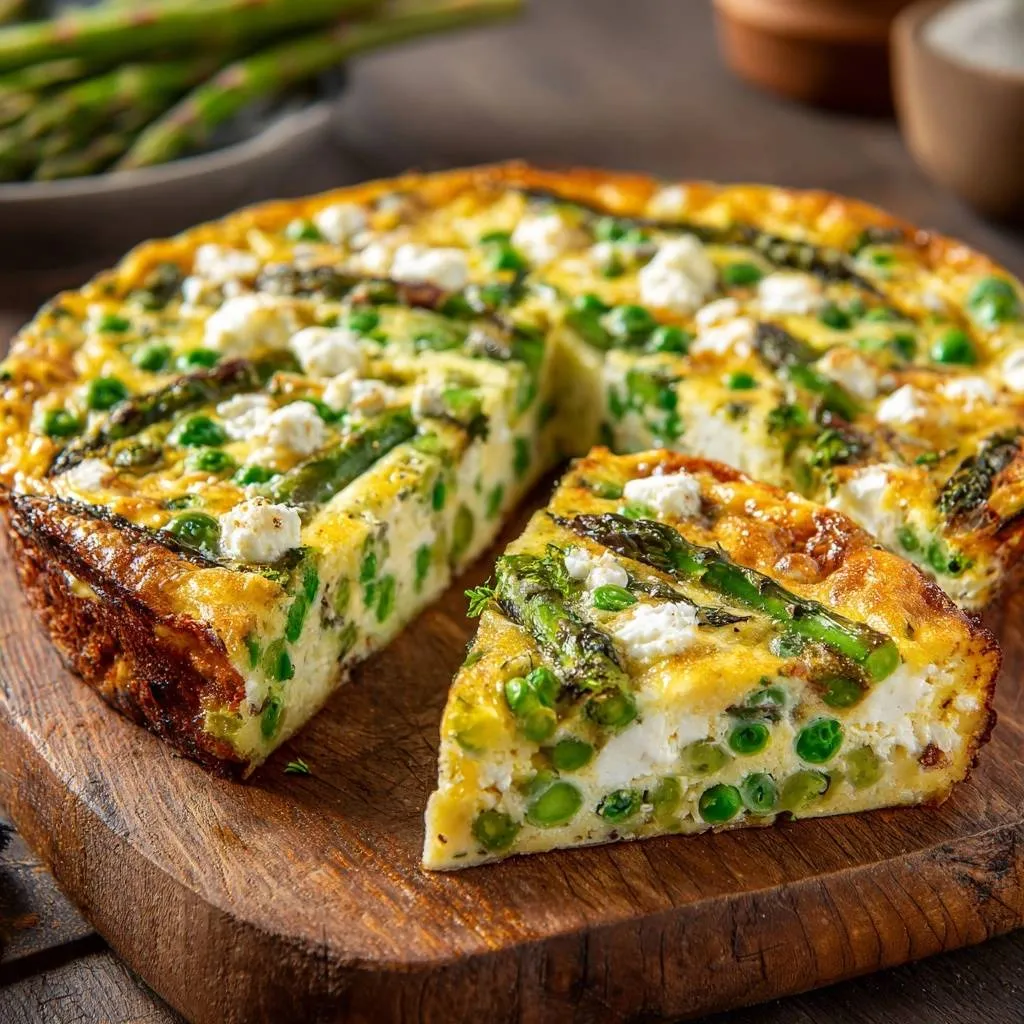 Asparagus pea feta frittata shown with a slice cut out, revealing its fluffy interior and fresh ingredients.