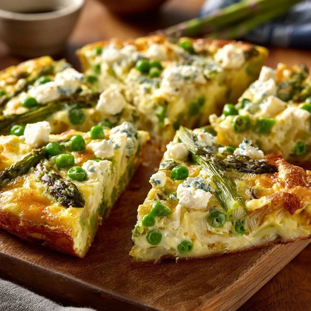 Asparagus pea feta frittata sliced to reveal a fluffy cross-section with fresh vegetables and crumbled cheese.