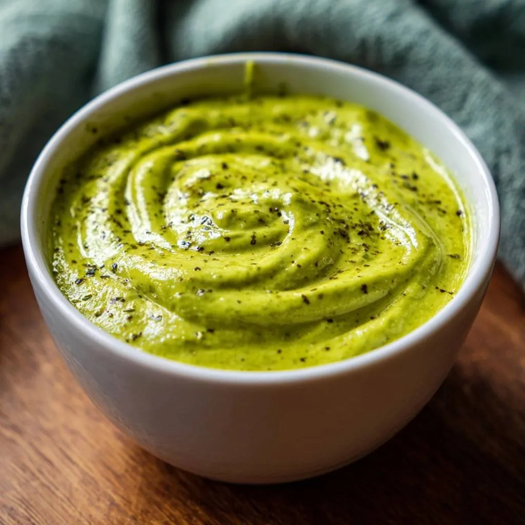 The science of vibrant creamy avocado herb dip shown swirled in a white bowl with a detailed herb texture.