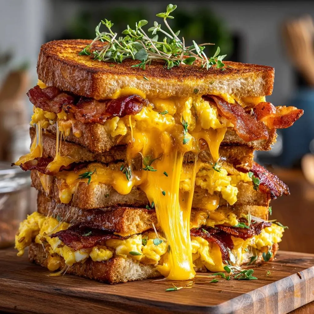 Bacon egg and cheese stack showing gooey melted cheese dripping down the sides of the breakfast tower.