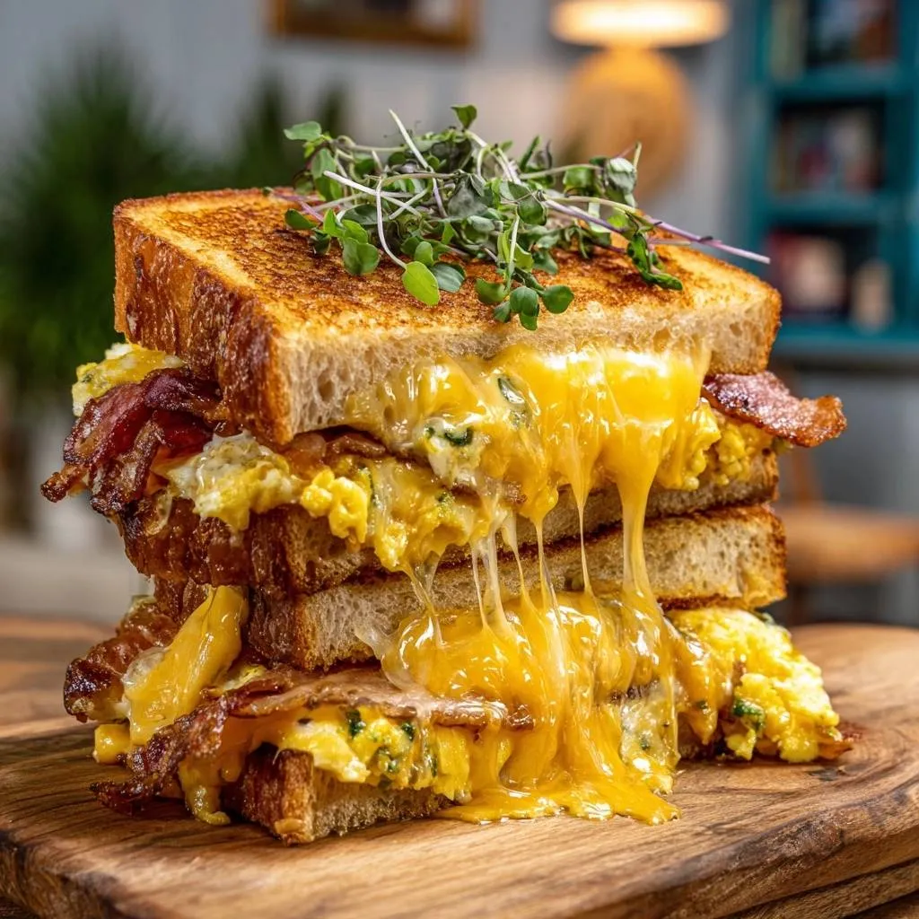 Bacon egg and cheese stack with gooey melted cheese oozing from a cross-section view.
