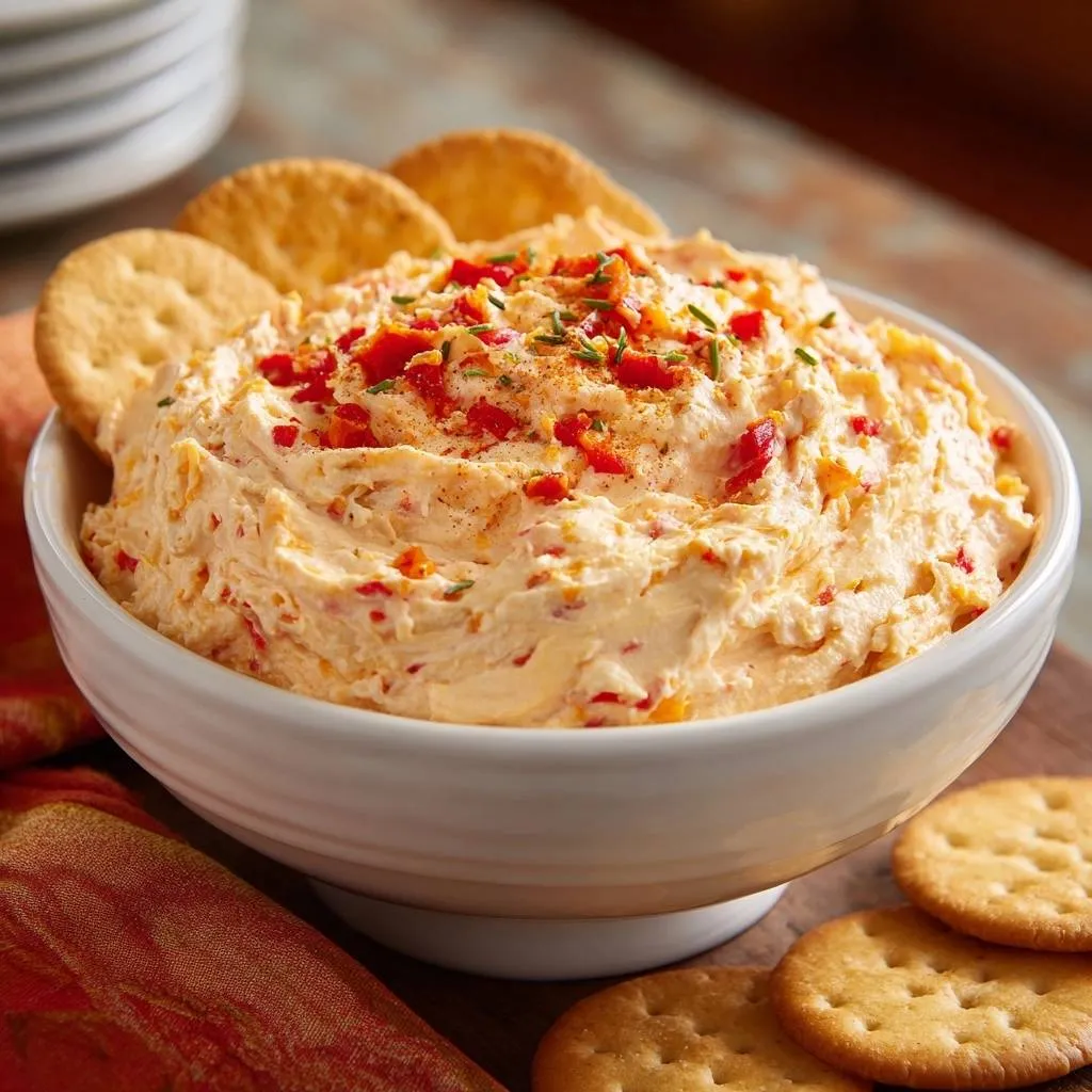 Bacon pimento cheese dip in a white bowl, garnished with red pepper and chives, surrounded by crackers.
