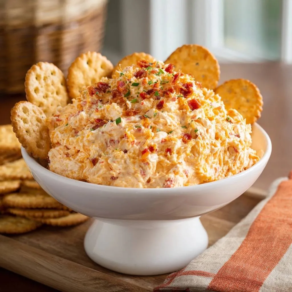 Bacon pimento cheese dip garnished with crispy bacon and chives, served with crackers.