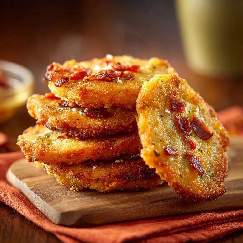 Crispy bacon potato pancakes stacked on a wooden board, showing a close-up view of their texture and toppings.