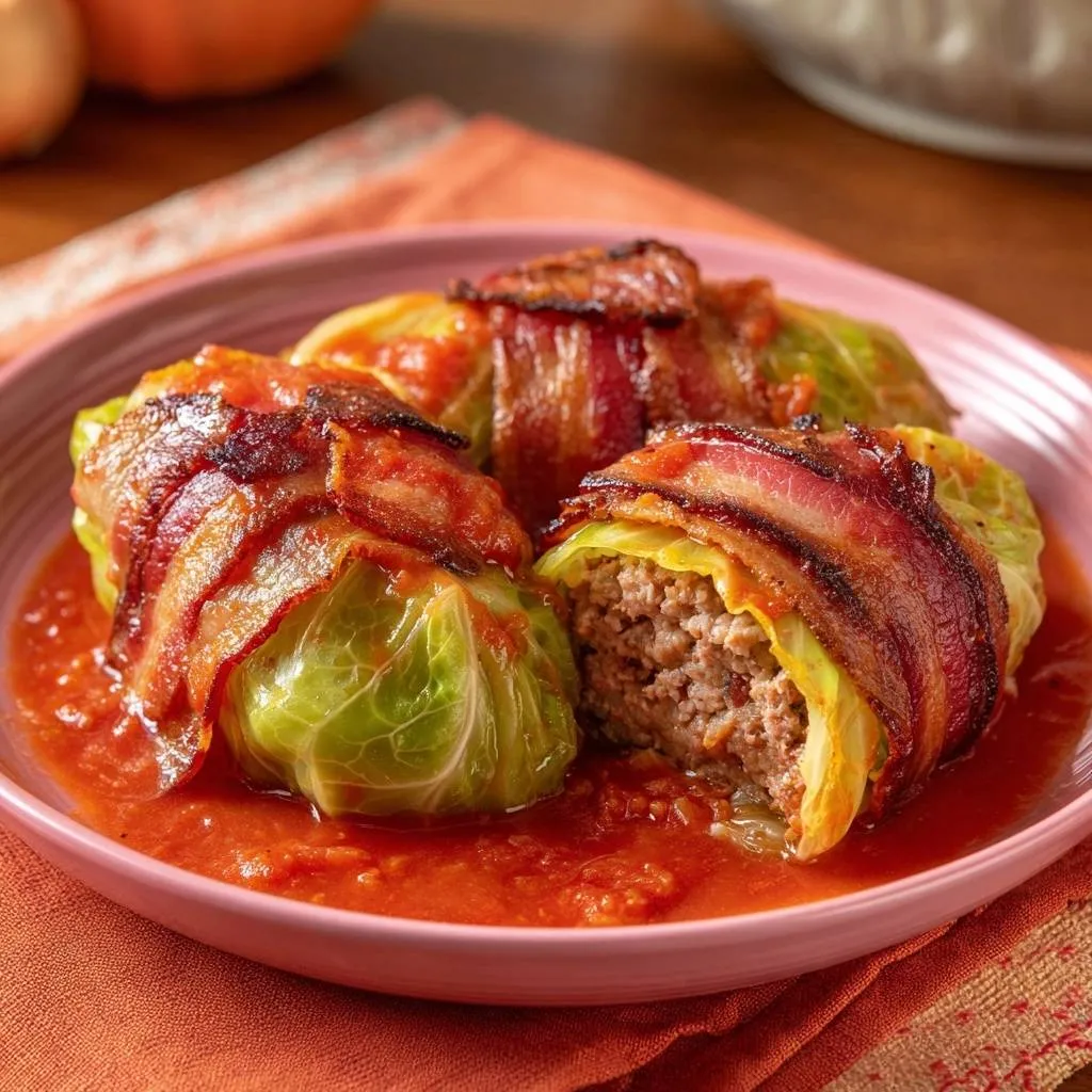 Bacon-wrapped stuffed cabbage rolls with a visible cross-section showing the savory meat filling.