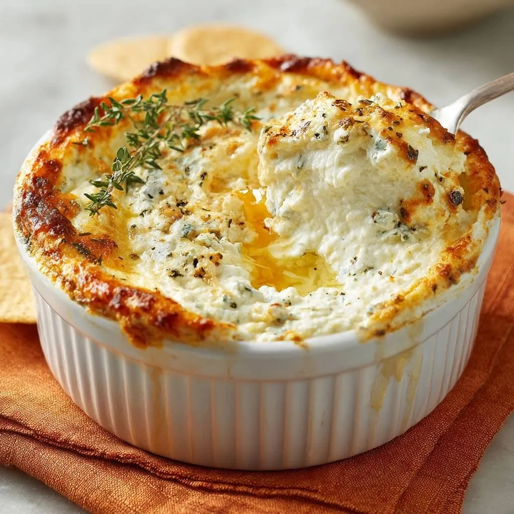Baked blue cheese dip with a crispy golden top, shown with a fork scooping out a generous portion.