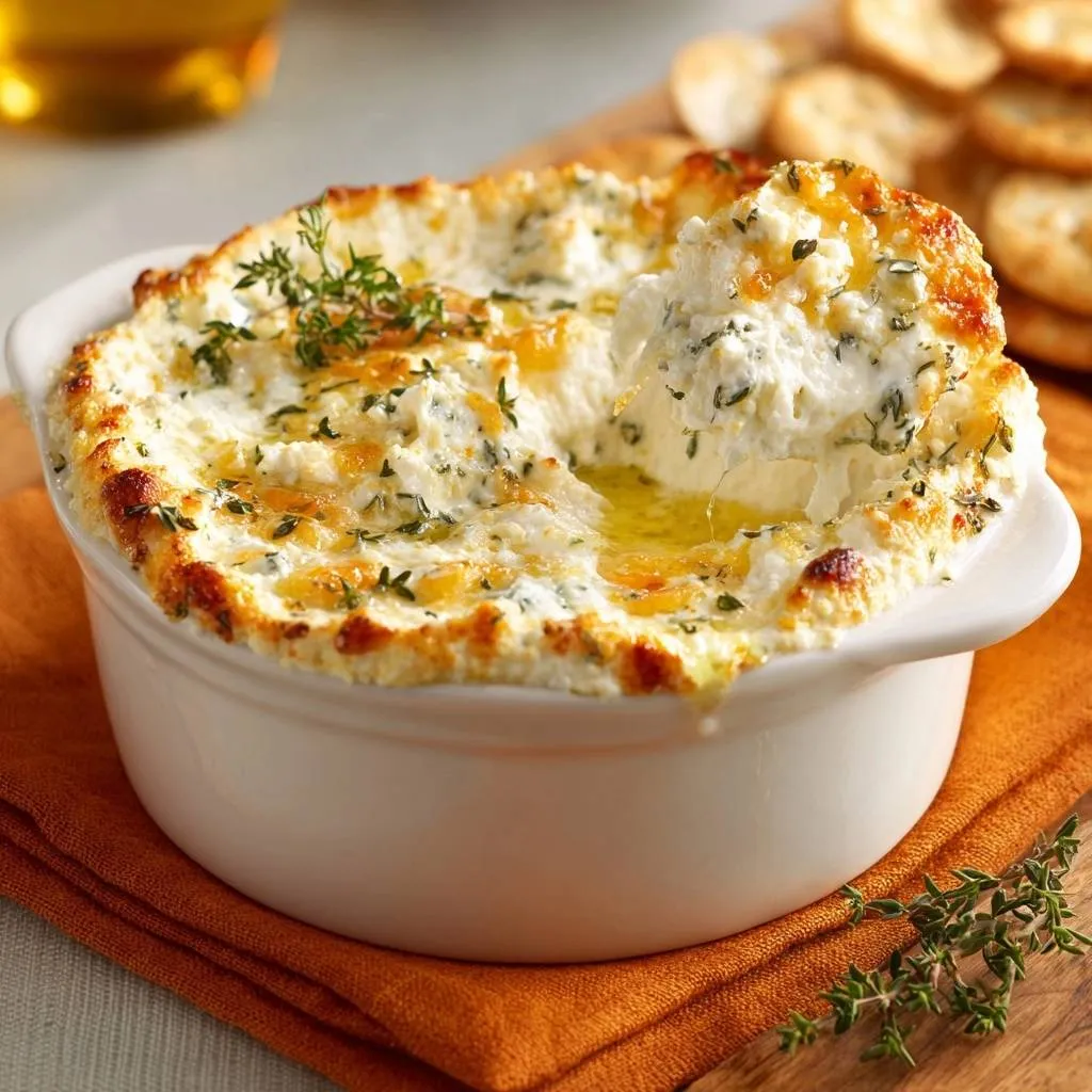 Baked blue cheese dip with a crispy golden top, showing a close-up detail of the bubbling cheese and fresh herbs.