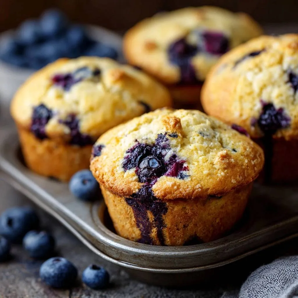Bakery style blueberry muffins with tall craggy tops, a close-up view showing bursting blueberries and golden crumb.