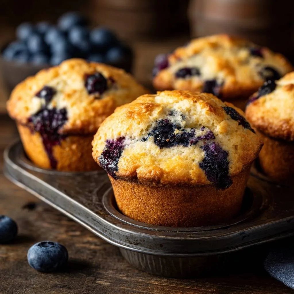 Bakery style blueberry muffins with tall craggy tops cooling in a muffin tin.