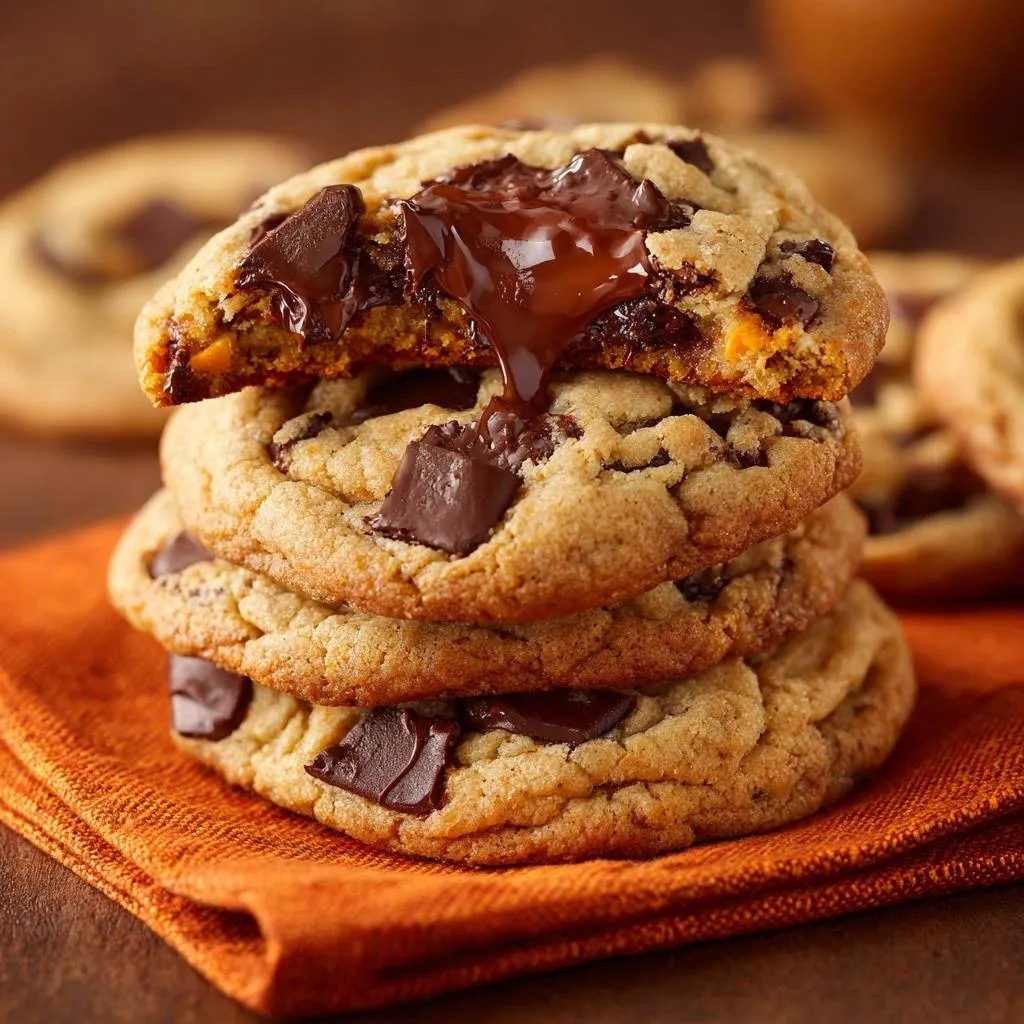 Bakery style chocolate chunk cookies cross-section showing gooey melted chocolate dripping onto a stack.