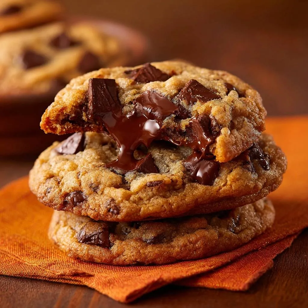 Bakery-style chocolate chunk cookies showing a close-up view of melted chocolate oozing from a stacked cookie cross-section.