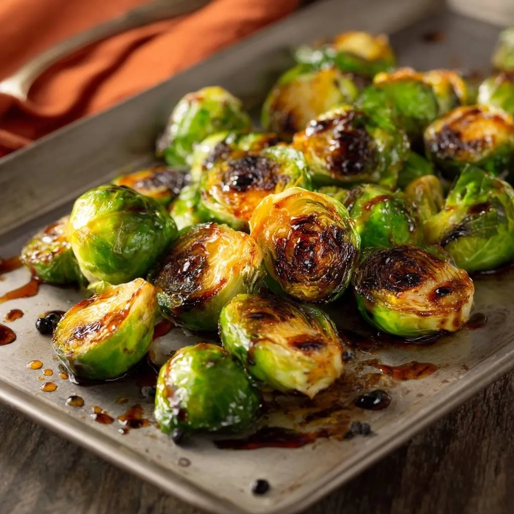 Balsamic glazed roasted Brussels sprouts shown with a close-up detail of the rich, glossy glaze drizzled over them.