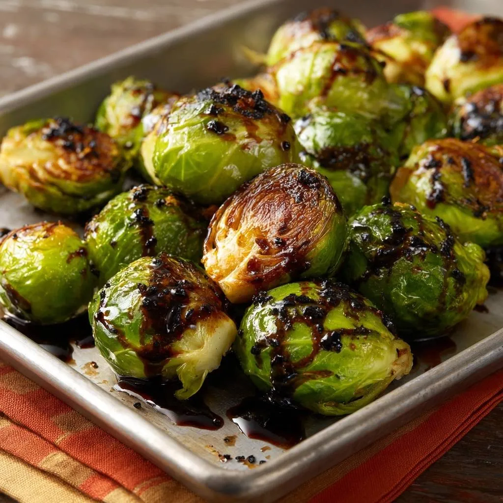Balsamic glazed roasted Brussels sprouts glistening with sauce on a baking tray, showing a close-up view of their caramelized texture.