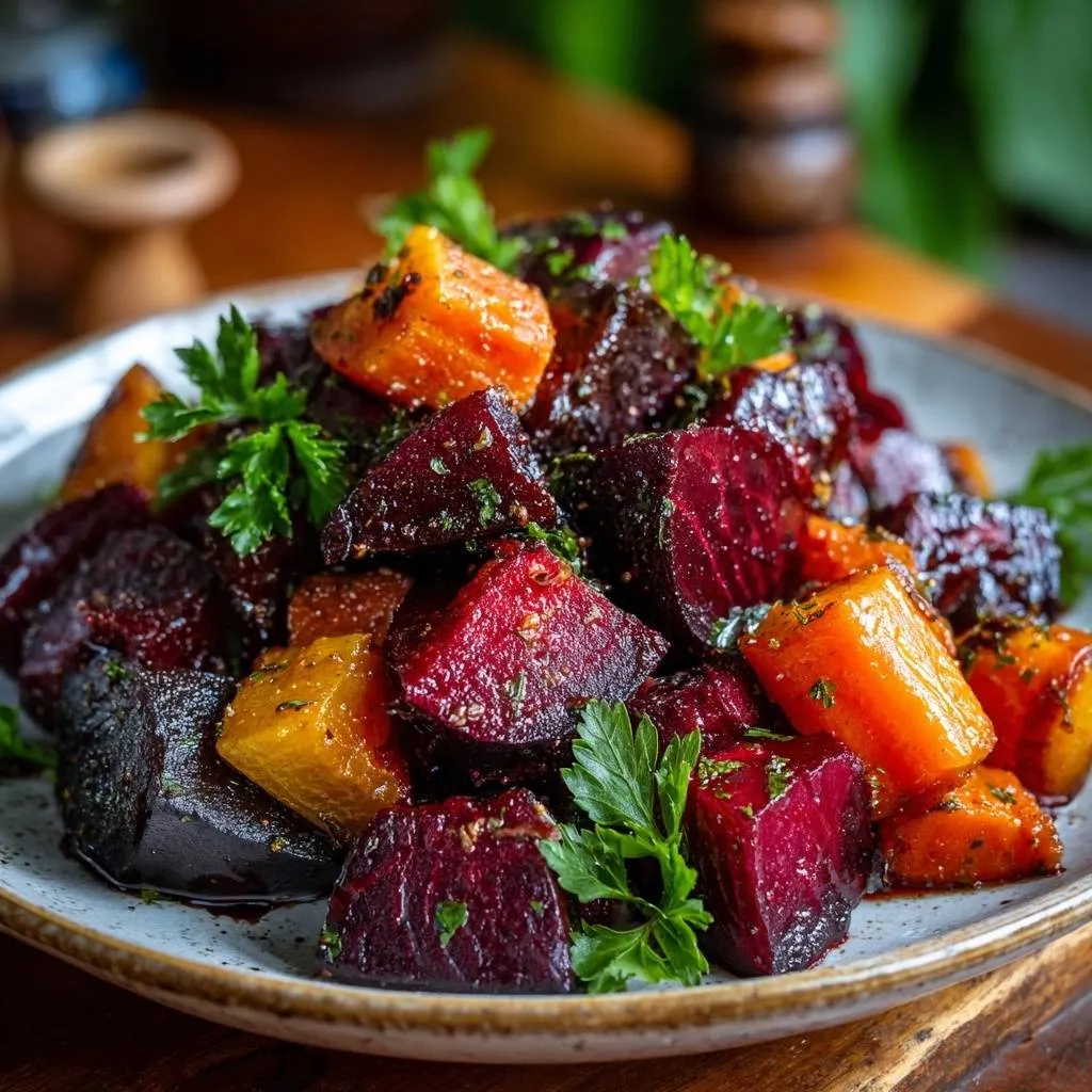 Balsamic roasted beets and carrots close-up on a plate, garnished with fresh parsley.