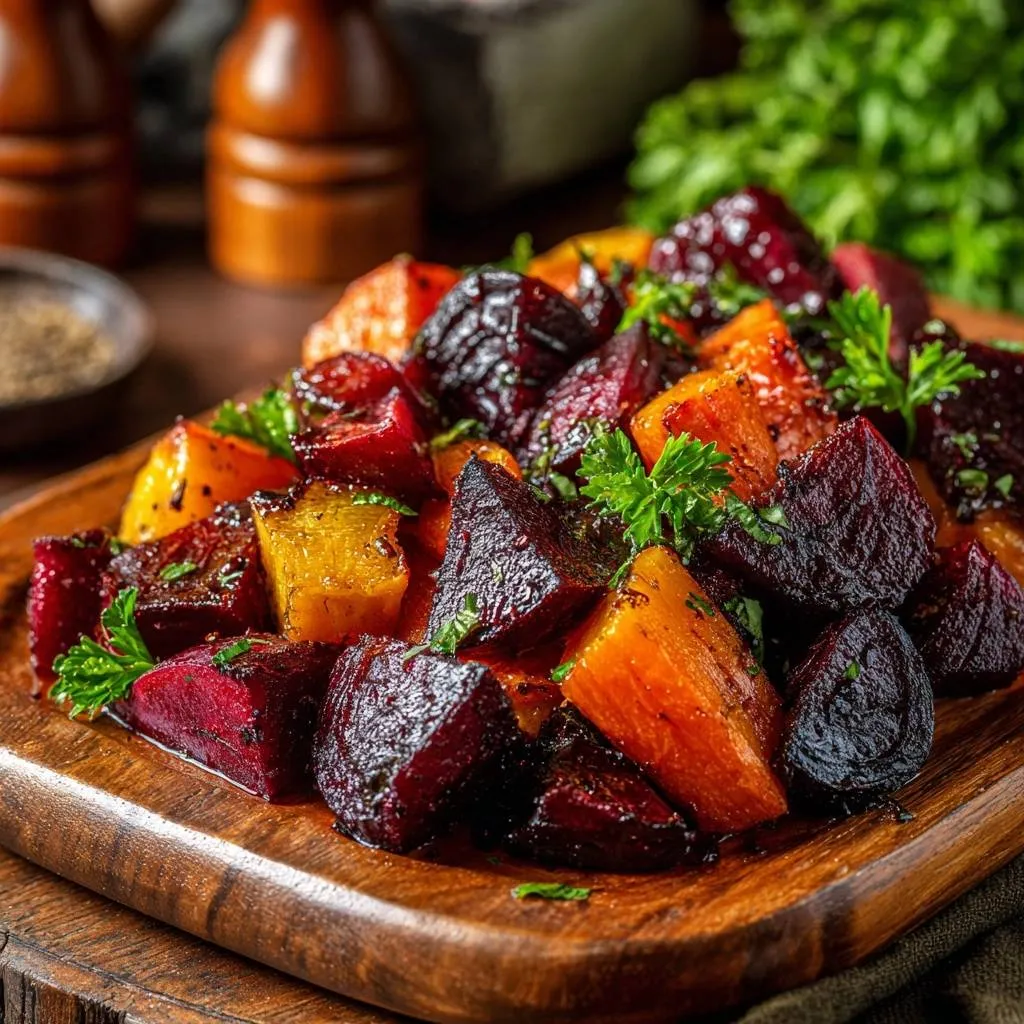Balsamic roasted beets and carrots served on a wooden platter, garnished with fresh parsley.