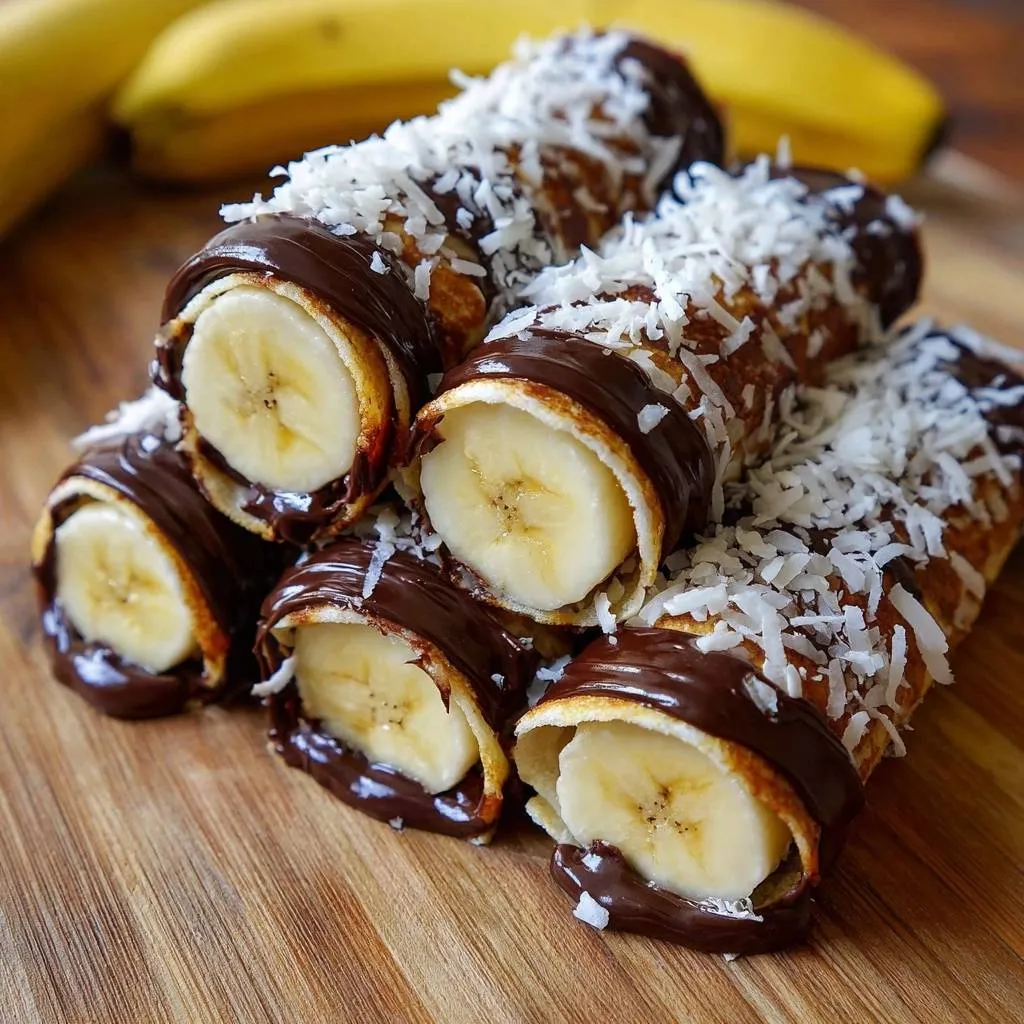 Banana chocolate coconut crepe rolls recipe shown in a close-up pile, with shredded coconut on top.