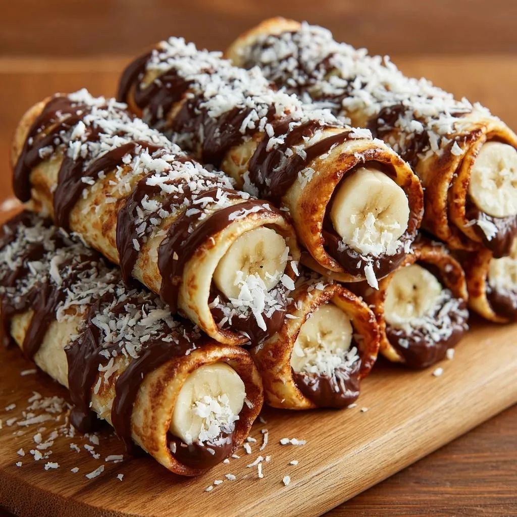 Banana chocolate coconut crepe rolls recipe shown in a close-up pile, drizzled with chocolate and sprinkled with coconut.