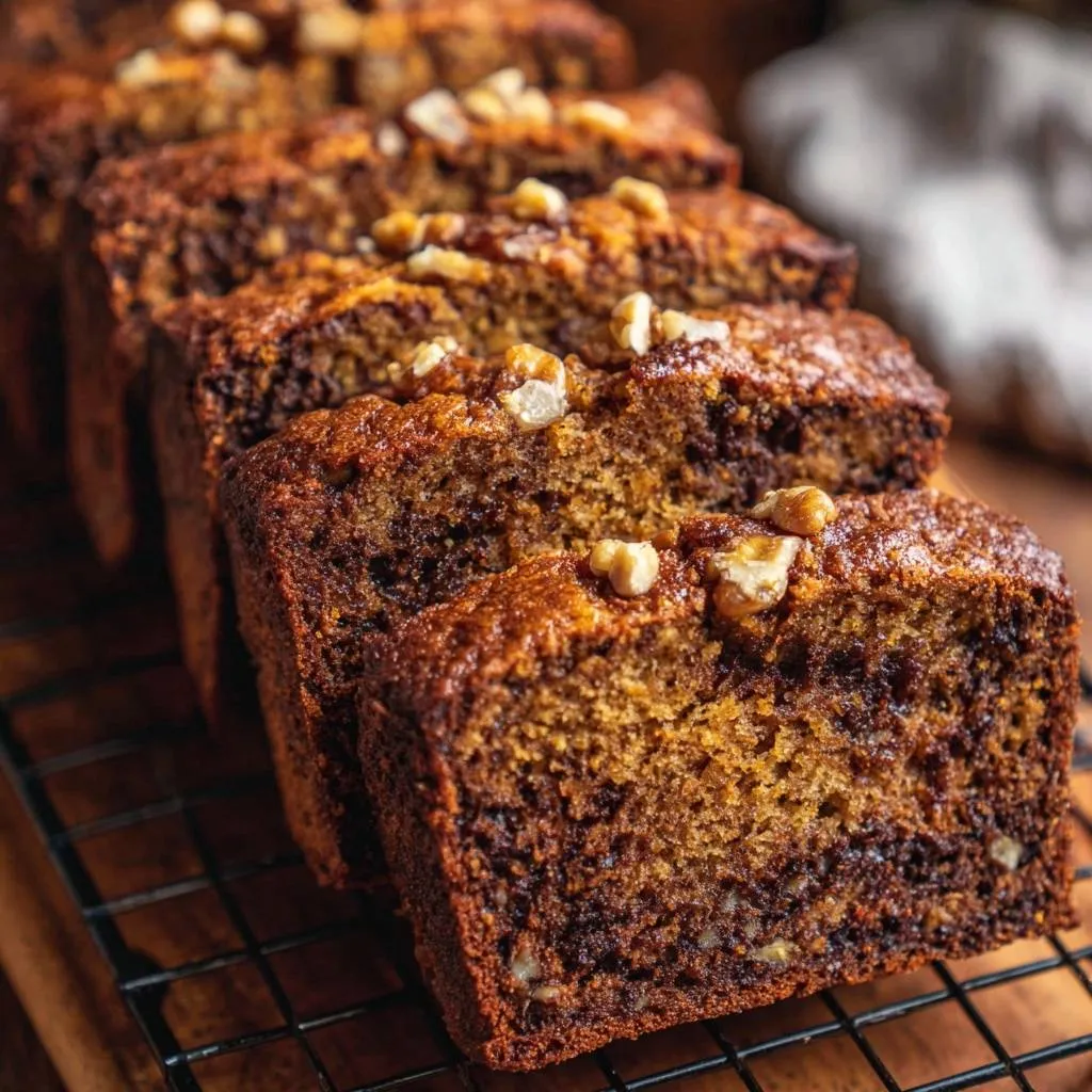 Banana walnut bread, sliced and cooling on a black wire rack, showcasing its rich texture and walnut pieces.