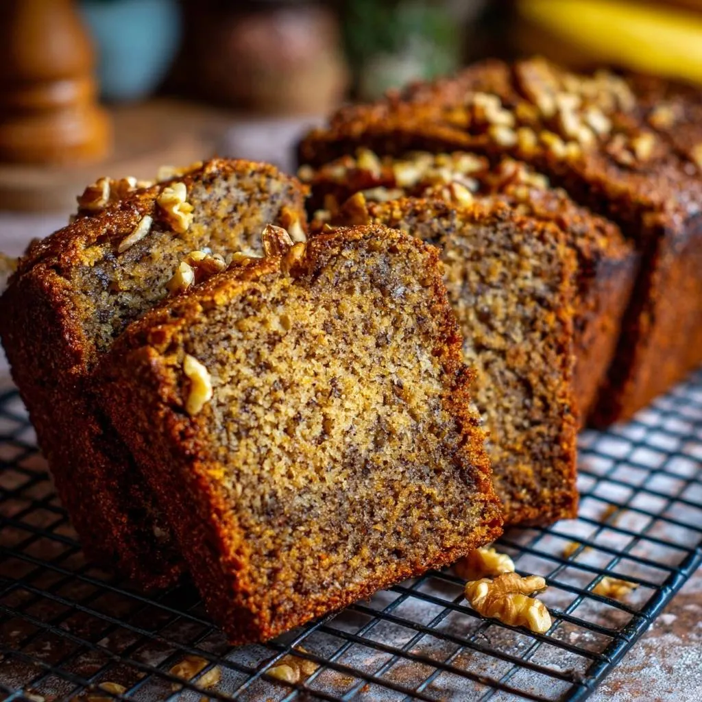Banana walnut bread sliced and cooling on a wire rack, with visible walnuts on top and scattered around.