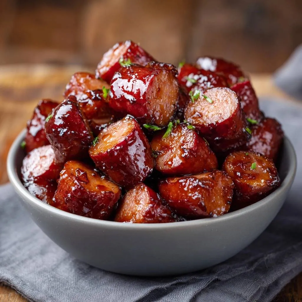BBQ glazed sausage bites with clinging sauce served in a bowl, showing a close-up view of the glistening texture.