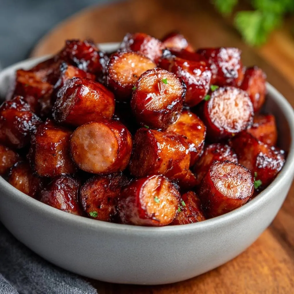 BBQ Glazed Sausage Bites with Clinging Sauce - recipe image