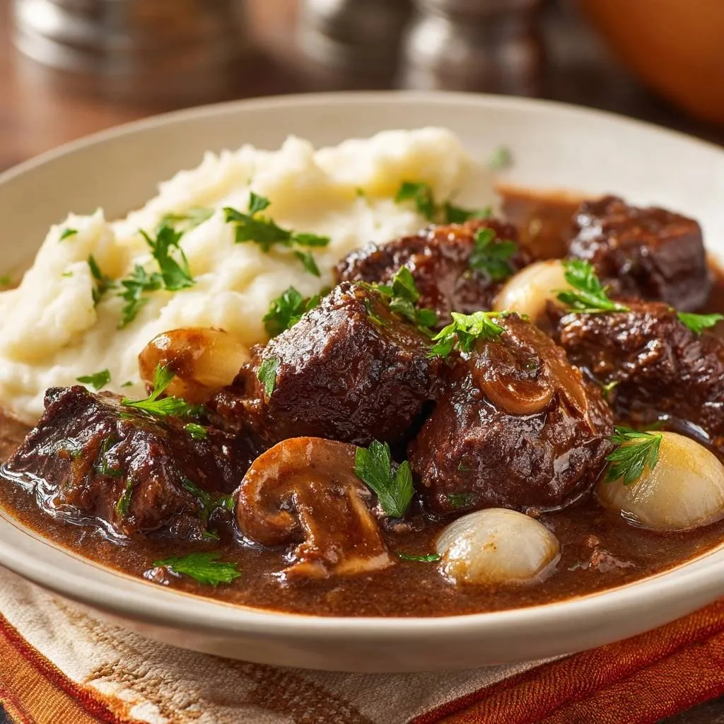 Beef Bourguignon served with mashed potatoes and garnished with parsley, shown in a close-up view.