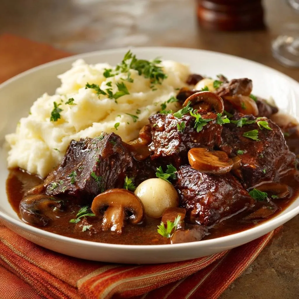 Mastered slow-braised Beef Bourguignon served plated with creamy mashed potatoes and garnished with parsley.