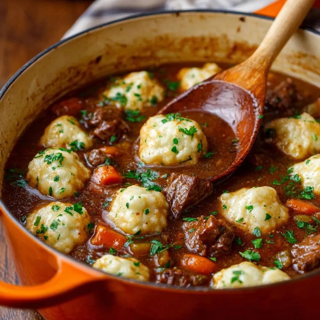 Hearty beef and carrot stew with fluffy dumplings, a wooden spoon lifting a dumpling from the rich broth.